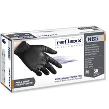 Сверхпрочные резиновые перчатки, нитриловые, чёрные, Reflexx N85B-L. 8,4 гр. Толщина 0,2 мм.